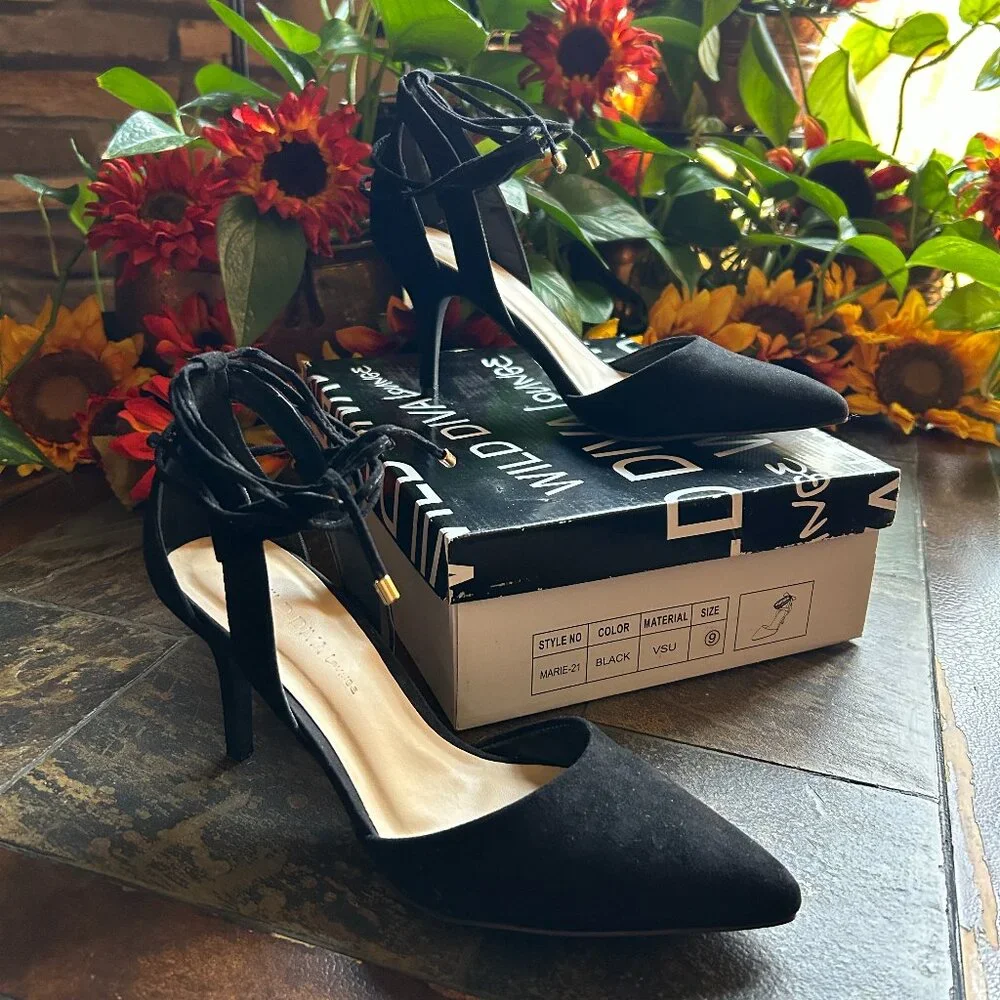 Wild Diva Lounge “Marie” Black Suede Strappy Evening Stiletto Pump